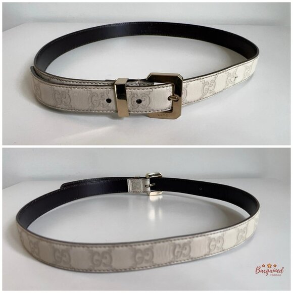 Authentic Gucci Cream Monogram Leather Gold Buckle Belt 85/34 - Picture 4 of 13